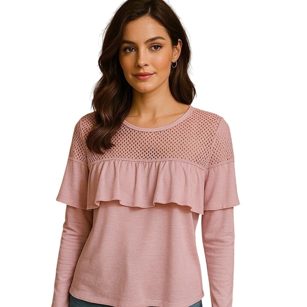 Jessica Simpson Ruffle Top Long Sleeve Knit Blouse Pink Mesh‎ Detail XL